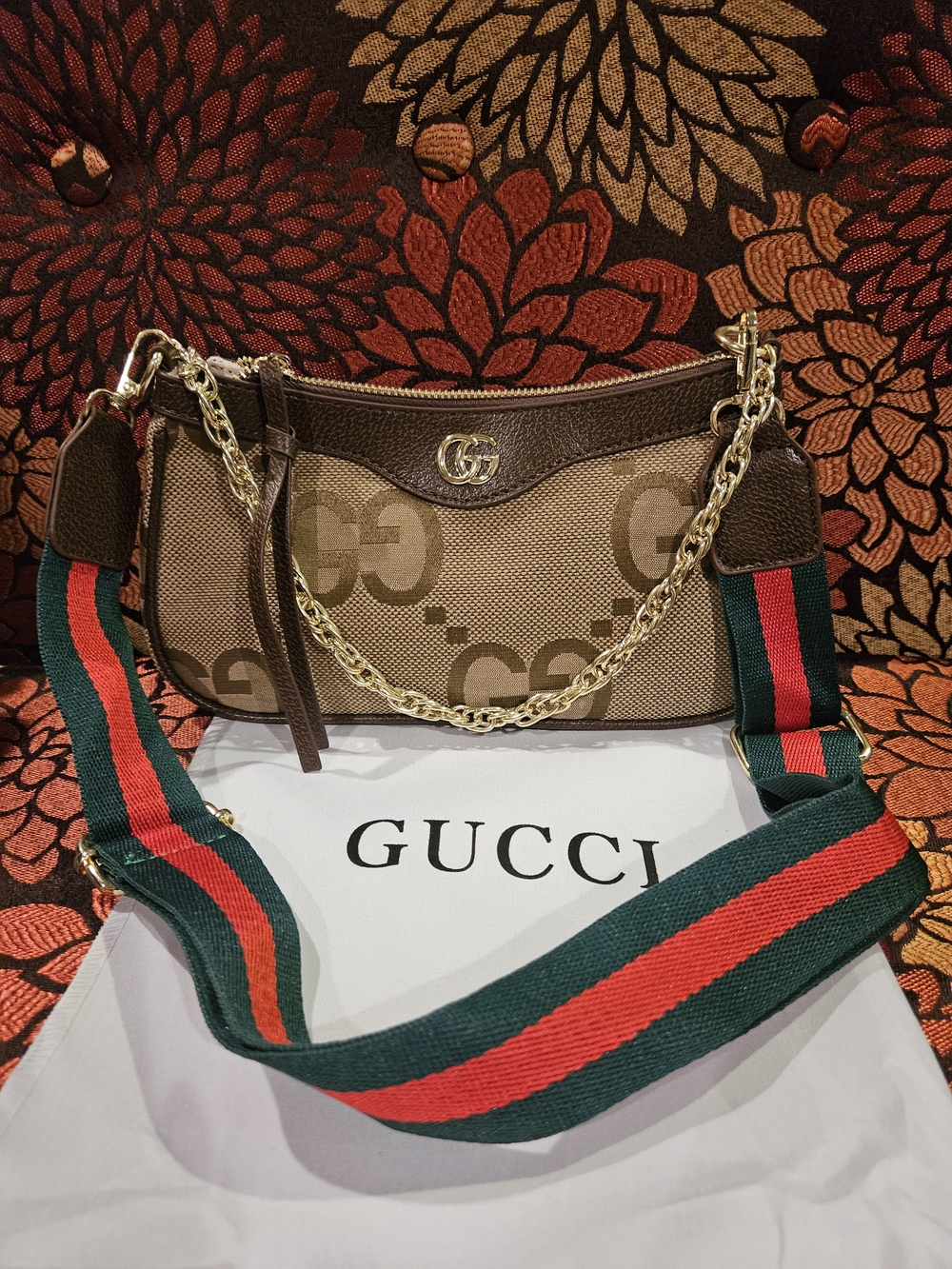 Soho Disco Brown Canvas Shoulder Bag with Green and Red Web Strap. 1 LEFT
